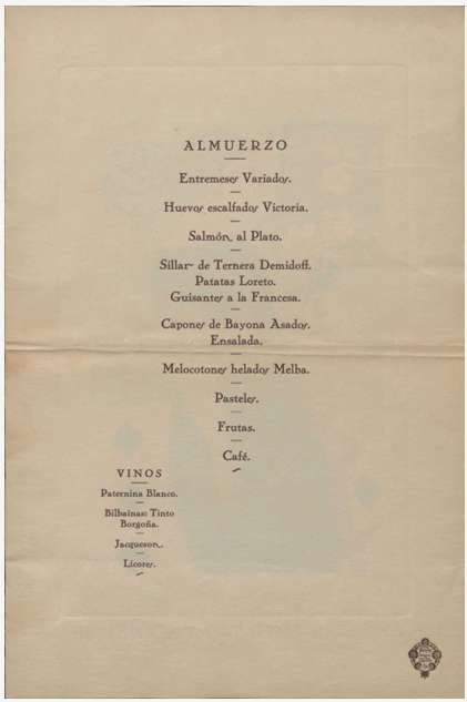 Carta de almuerzo. Homenaje a Catalina Bárcena, 1925
